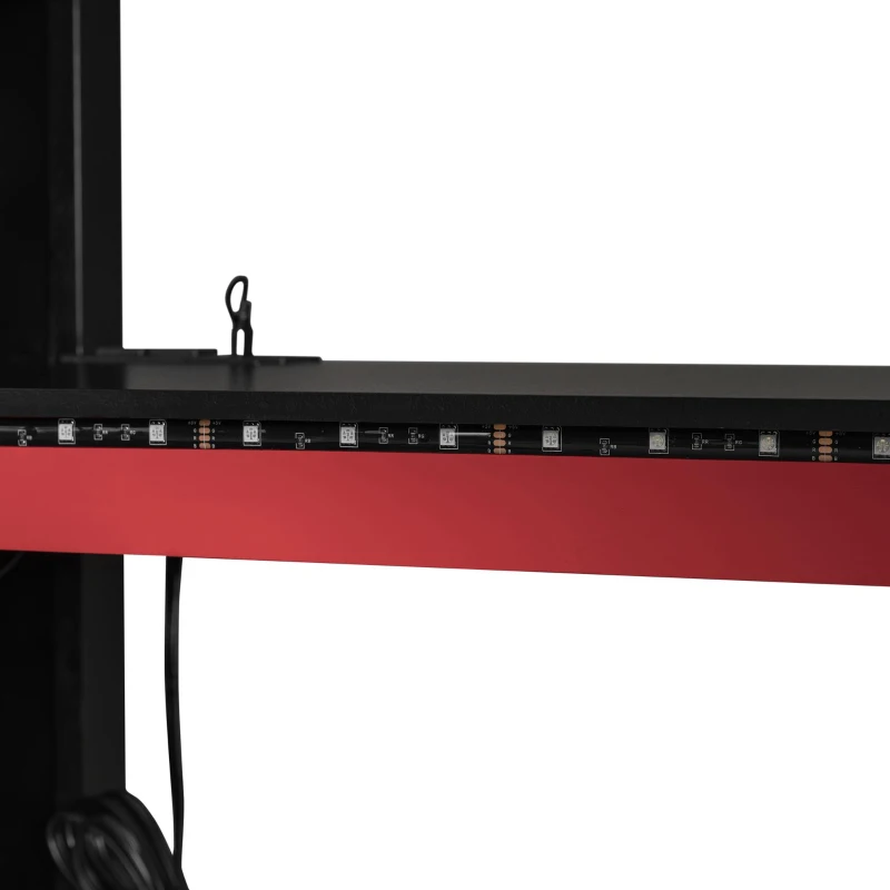 Full Size Wood Loft Bed with Built-In Desk and Gaming Station, Sturdy Bed Frame for Gamers and Multitaskers, 78.5'' L x 56.5'' W x 65'' H, Red