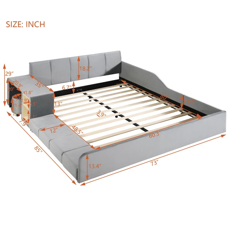 Queen Size Upholstered Bed with Built-In Bedside Desk and Round Stool, Solid Bedboard with Sturdy MDF Frame, 85'' L x 73'' W x 29'' H, Gray