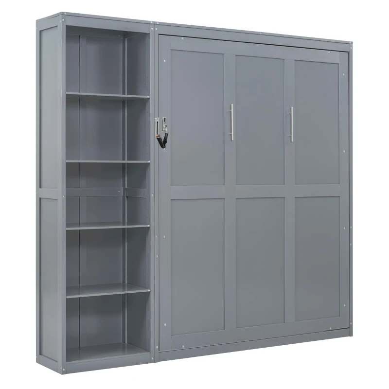 Queen Size Murphy Wall Bed with Dual Piston Mechanism and Shelves, Fold-Away Bed with Flexible Slat, 94'' L x 82'' W x 88.5'' H, Gray