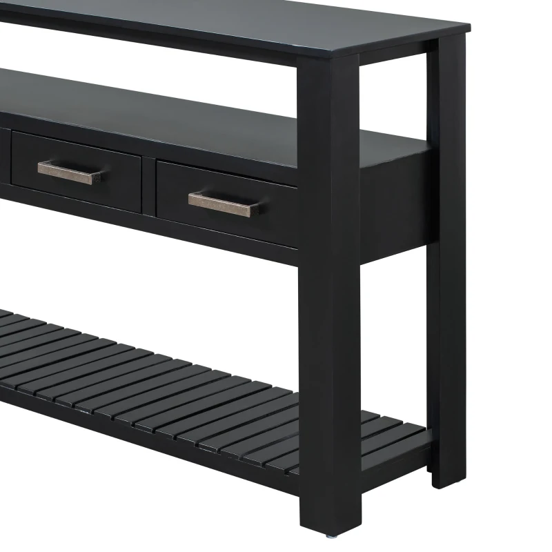 Large Entryway Console with 4 Drawers and 3-Tier Shelves, Sturdy Table with Metal Handlesand Adjustable Feet, 62'' L x 14'' W x 32'' H, Black