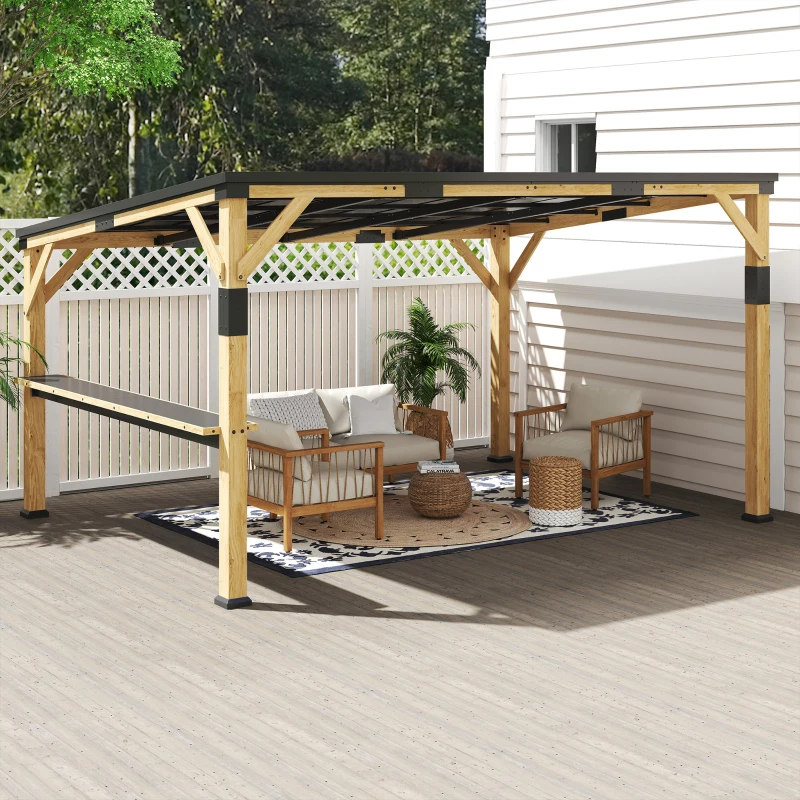 Outsunny 10' x 14' Wooden Gazebo, Hardtop Lean-to Gazebo Pergola with Galvanized Steel Sloped Roof, Bar Shelf, Natural Wood
