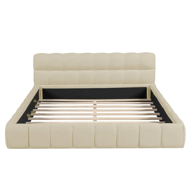 Queen Size Upholstered Bed with MDF & Particleboard Frame, Low-Profile Grounded Bed with Wooden Slats, 87.5'' L x 66.5'' W x 23.5'' H, Beige