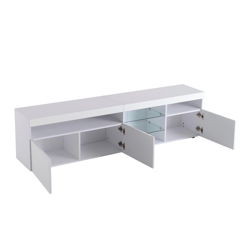 Modern TV Cabinet with 3-Door Storage and Internal Shelves, Elegant Media Console with USB LED Lighting, 71'' L x 13.5'' W x 19'' H, White