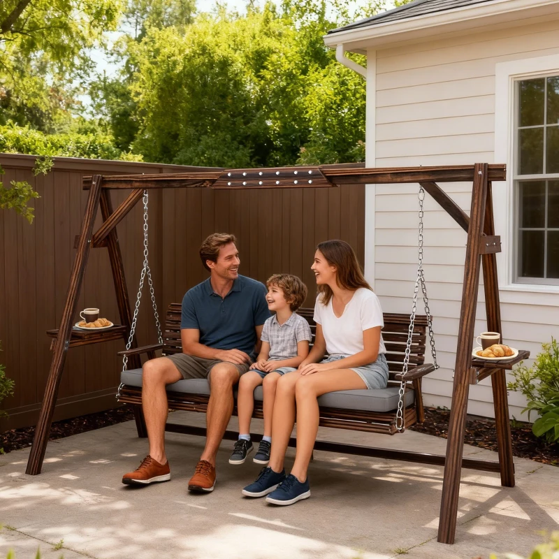 Outsunny 3 Seat Wooden Porch Swing with Stand, Patio Swing with Cushion, for Garden, Poolside, Backyard, Carbonized Brown