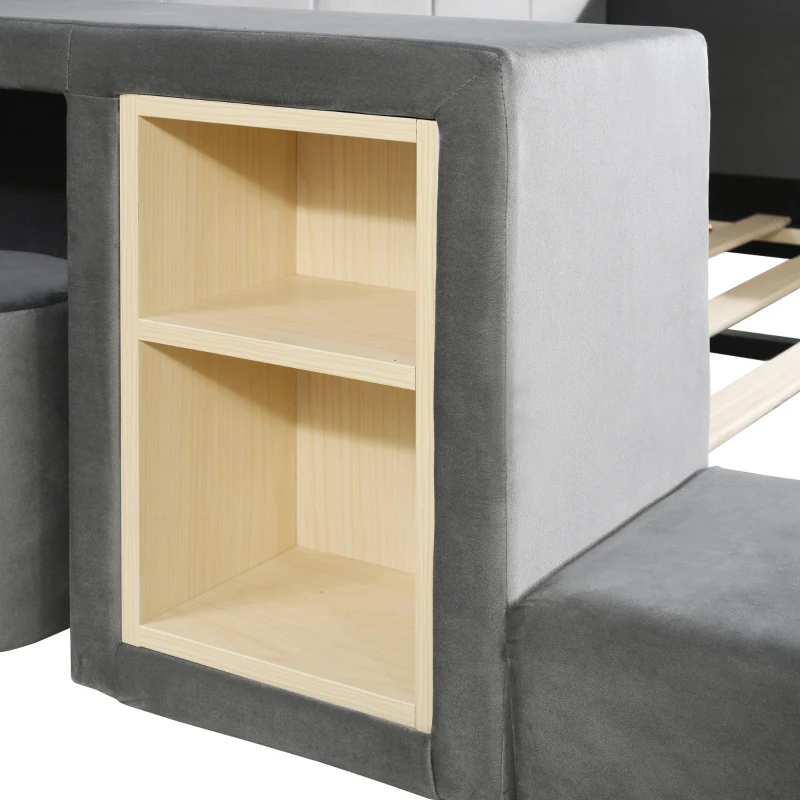 Full Size Upholstered Bed with Built-in Bedside Desk and Round Stool, Solid Bedboard with Plywood & MDF Frame, 80'' L x 68'' W x 29'' H, Gray