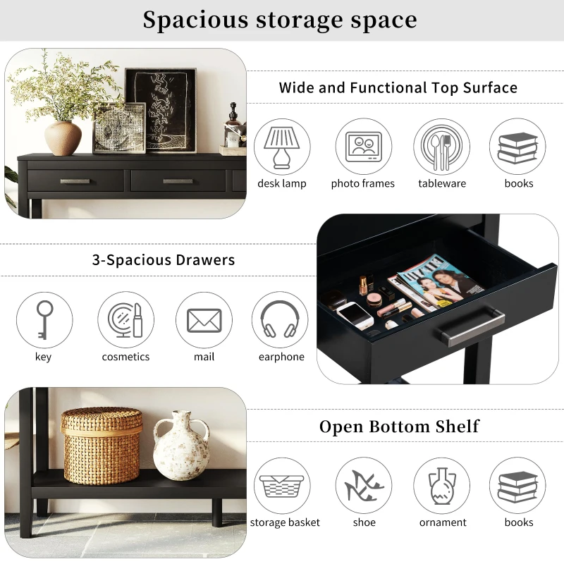 Farmhouse Entryway Table with Wide Top and Open Bottom Shelf, Minimalist Console with Adjustable Feet, 59'' L x 14'' W x 31.5'' H, Black