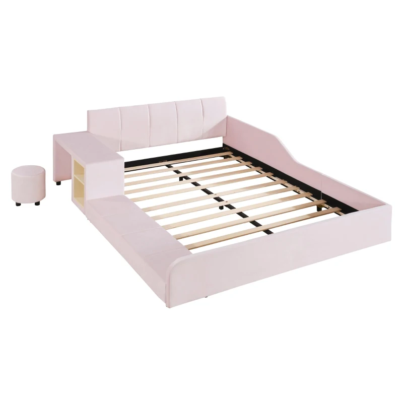 Full Size Upholstered Bed with Built-in Bedside Desk and Round Stool, Solid Bedboard with Plywood & MDF Frame, 80'' L x 68'' W x 29'' H, Pink
