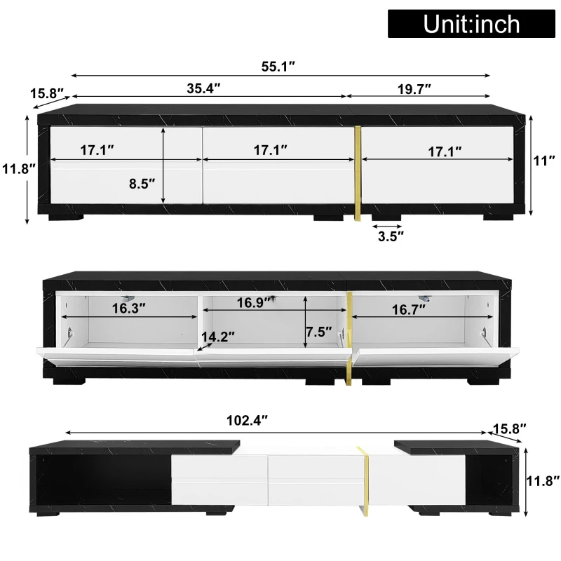 Modern TV Cabinet with Rotating Function and Spacious Storage, Extendable TV Stand for living spaces, 102.5'' L x 16'' W x 12'' H, Black+White