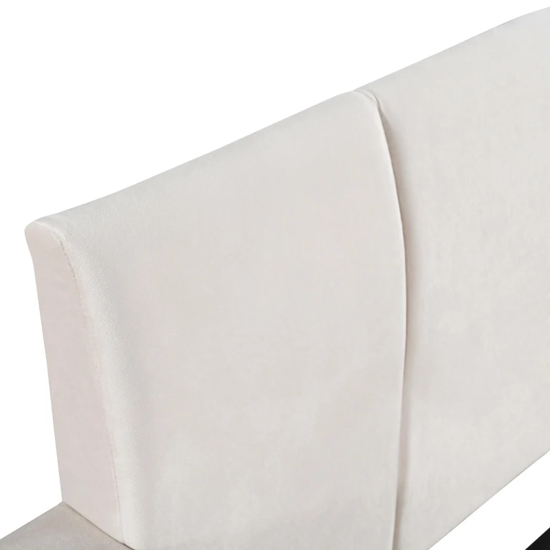 Queen Size Upholstered Bed with Built-In Bedside Desk and Round Stool, Solid Bedboard with Sturdy MDF Frame, 85'' L x 73'' W x 29'' H, Beige