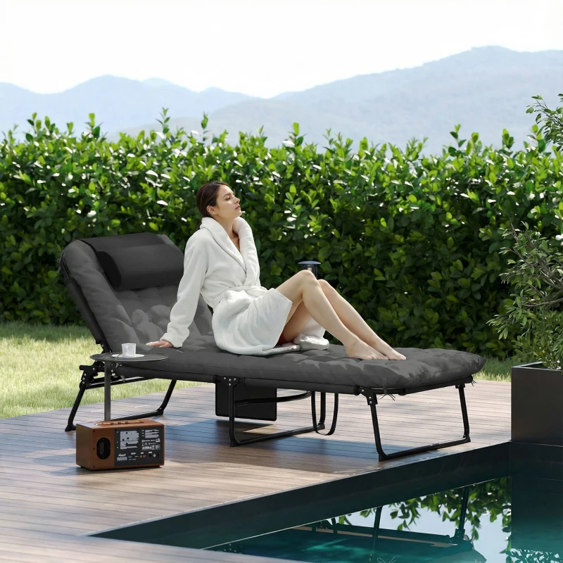 Outsunny Folding Lounge Chair with 4-level Reclining Back & Cushion, Dark Grey