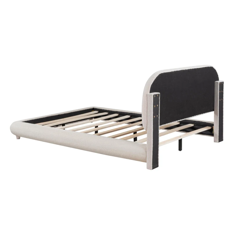Full Size Upholstered Bed with Curved Headboard and Footboard, Sturdy Bedboard with Plywood & MDF Frame, 80.5'' L x 60'' W x 37'' H, Beige