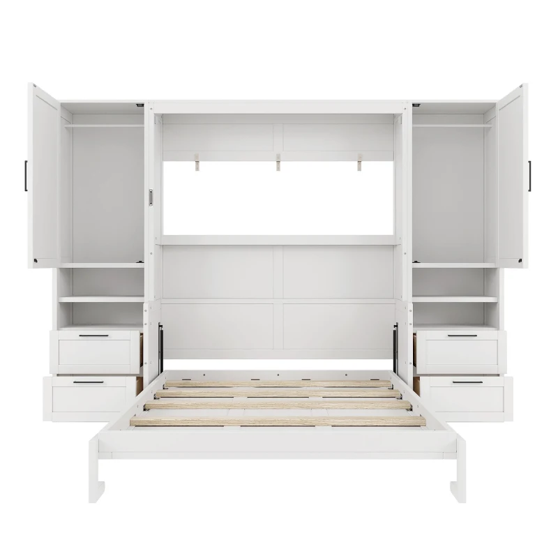 Queen Size Murphy Wall Bed with Built‑in Wardrobes, Drawers, Space‑Saving Bed with Integrated Storage, 113.5'' L x 16.5'' W x 87'' H, White