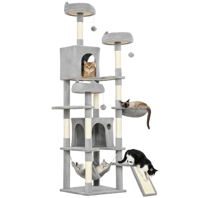 PawHut 76" Large Cat Tree for Indoor Cats with 8 Scratching Posts, 3 Plush Beds, 2 Hammocks, 2 Large Condos, Ramp, Light Grey