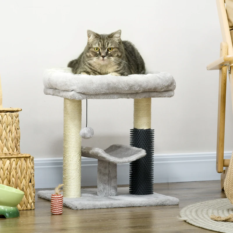 PawHut 19" Cat Tree with Sisal Scratching Post, Cat Tower Condo with Bed, Self Groomer, Perch, Dangling Ball, Grey