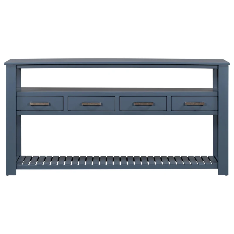 Large Entryway Console with 4 Drawers and 3-Tier Open Shelves, Versatile Table with Adjustable Feet, 62'' L x 14'' W x 32'' H, Navy Blue