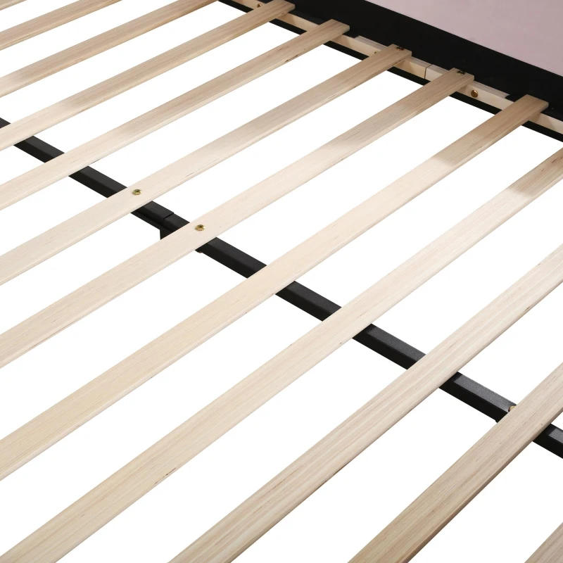 Queen Size Upholstered Platform Bed with Bedside Desk and Round Stool, Low-Profile Bed with Safety Rails, 85'' L x 73'' W x 29'' H, Pink