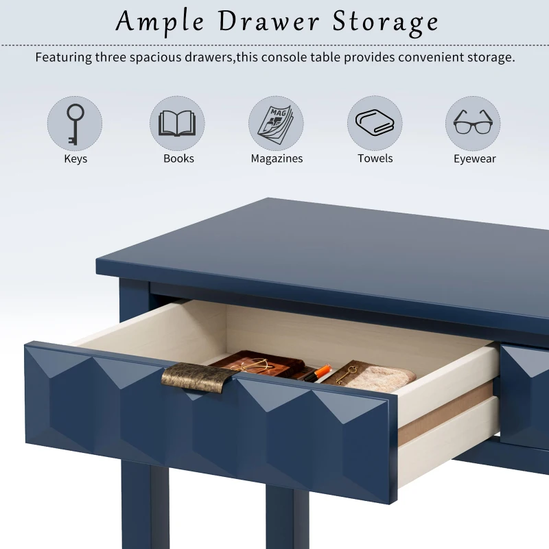 Modern Entryway Table with Bottom Shelf and Iron Handles, Multi-Functional Console with Wide Surface, 60'' L x 15.5'' W x 31'' H, Navy Blue