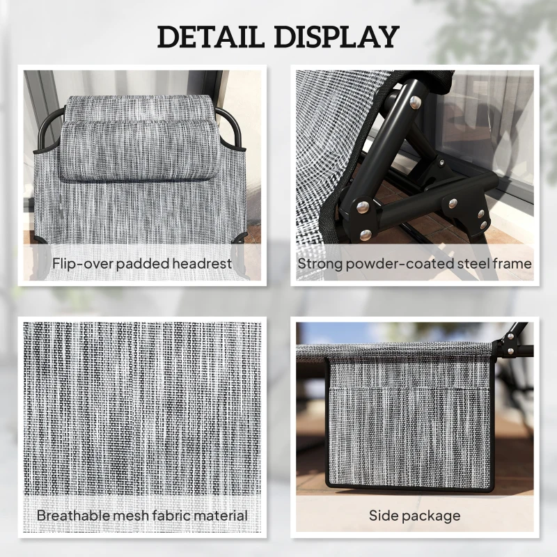 Outsunny 2-Piece Folding Lounge Chairs with Adjustable Backrest, Tanning Chair with Cushion, Side Pocket, Headrest, Grey