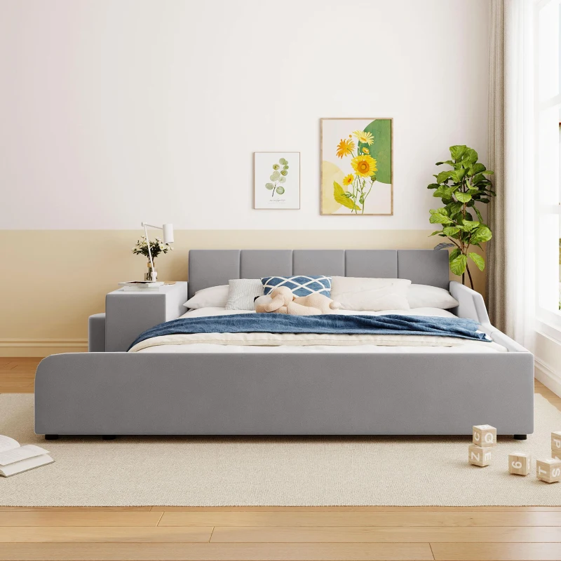 Queen Size Upholstered Bed with Built-In Bedside Desk and Round Stool, Solid Bedboard with Sturdy MDF Frame, 85'' L x 73'' W x 29'' H, Gray