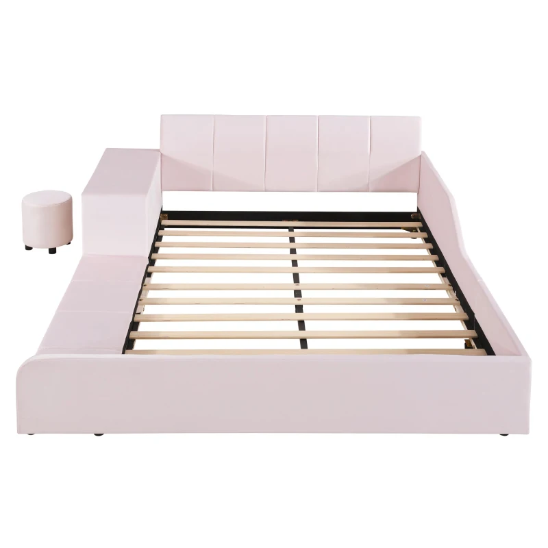 Full Size Upholstered Bed with Built-in Bedside Desk and Round Stool, Solid Bedboard with Plywood & MDF Frame, 80'' L x 68'' W x 29'' H, Pink