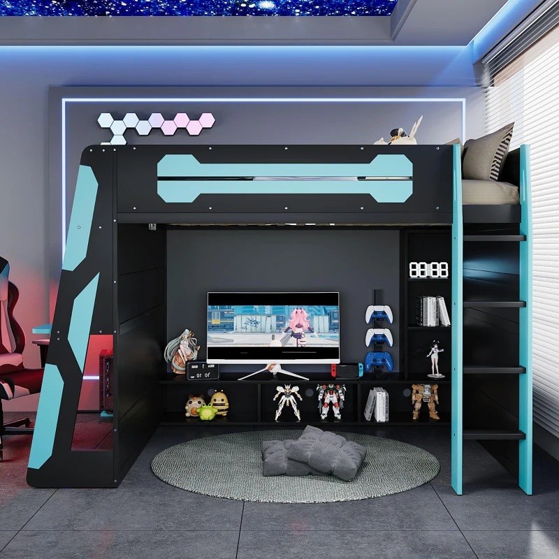 Full Size Wood Loft Bed with Integrated Desk and RGB Lighting, Esports-Style Bed with Multi-Tier Shelves, 93.5'' L x 55.5'' W x 65'' H, Blue
