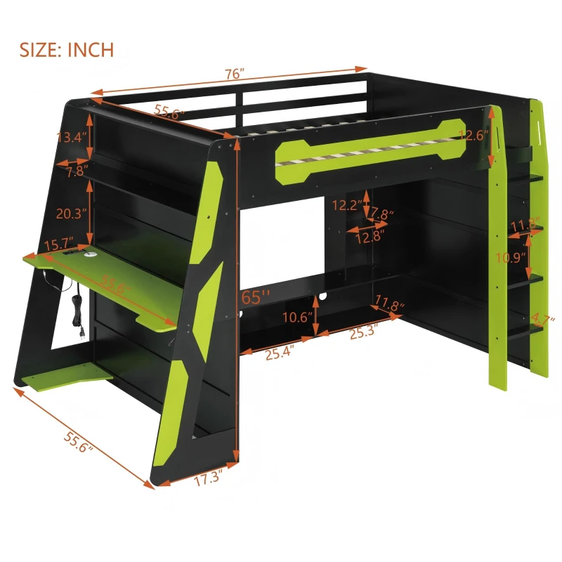 Full Size Wood Loft Bed with Under-Bed Console Storage, Esports-Style Bed Frame with Integrated Work Desk, 93.5'' L x 55.5'' W x 65'' H, Green