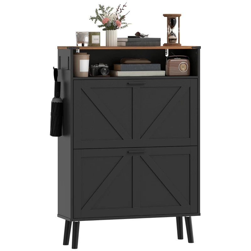 HOMCOM Shoe Storage Cabinet with 2 Flip Drawers, Farmhouse Narrow Shoe Cabinet, Holds Up to 16 Pairs, Black