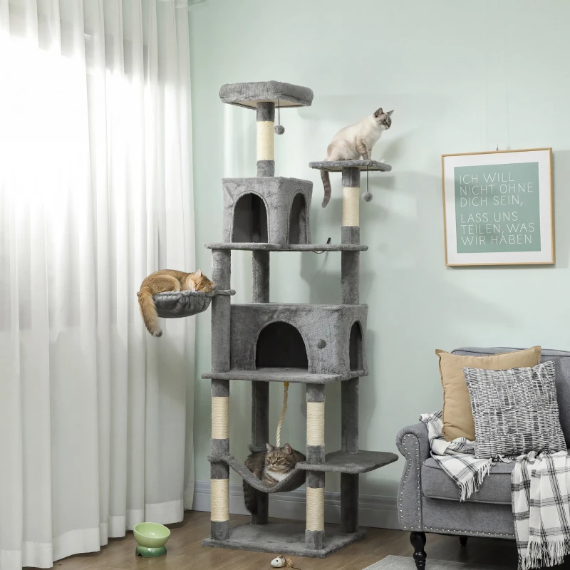 PawHut Multi-Level Cat Tower, 80" Tall Cat Tree, with 2 Condos, 2 Hammocks, 6 Sisal Scratching Posts, Dark Gray