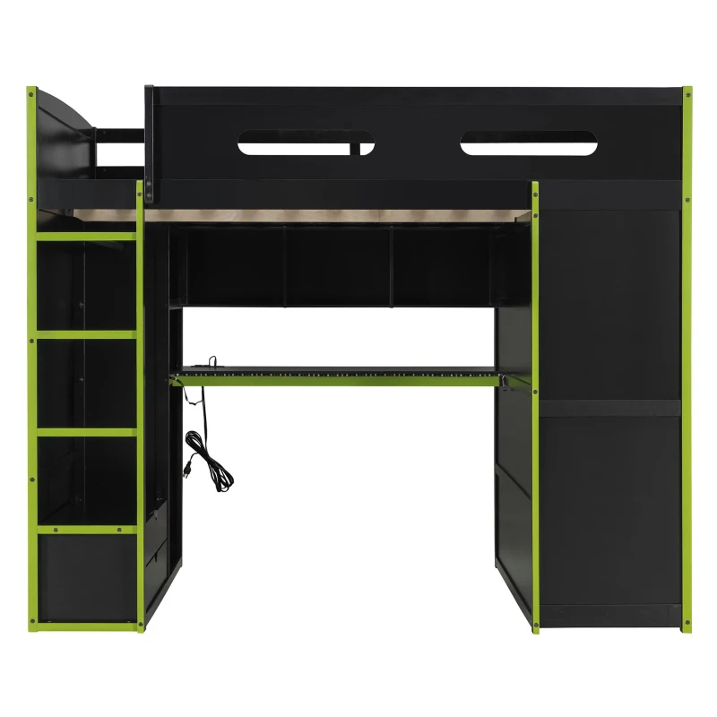 Full Size Wood Loft Bed with Built-In Desk and Gaming Station, Sturdy Bed Frame for Gamers and Multitaskers, 78.5'' L x 56.5'' W x 65'' H, Green