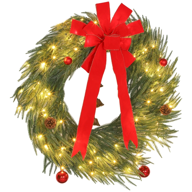 HOMCOM 36 Inch Christmas Wreath for Front Door with LED Lights, Prelit Christmas Wreath with 8 Modes and Ornaments, Green