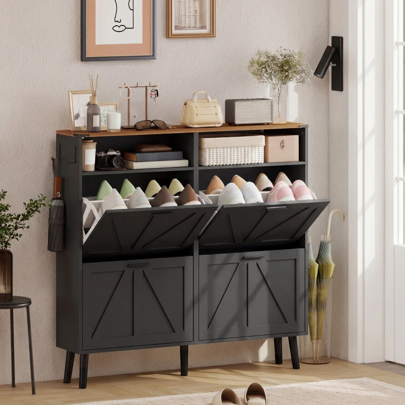 HOMCOM Shoe Storage Cabinet with 4 Flip Drawers, Farmhouse Narrow Shoe Cabinet, Holds Up to 24 Pairs, Black