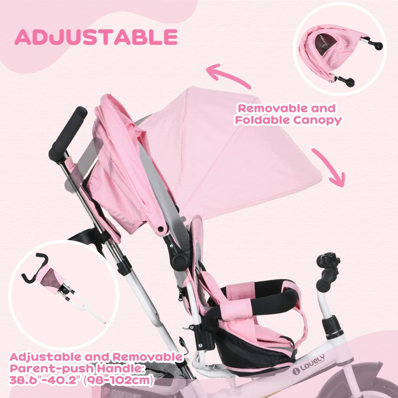 Qaba 6 in 1 Tricycle for Toddler 1-5 Years with Parent-Push Handle, Pink