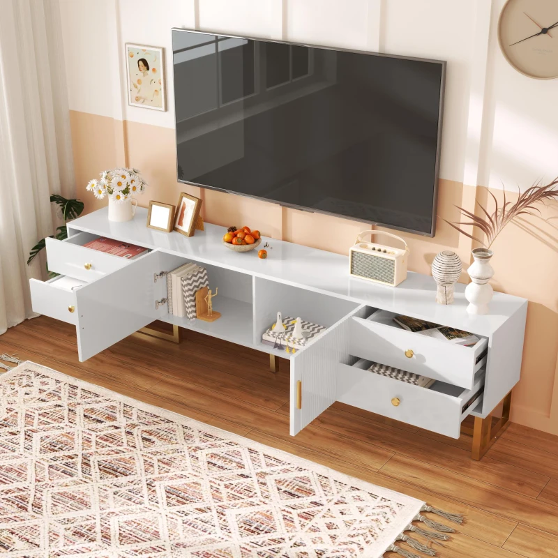 Modern TV Cabinet with Textured Doors, 4 Drawers & 2 Cabinets, Solid TV Stand with Metal Handles and Legs, 69'' L x 12'' W x 17.5'' H, White