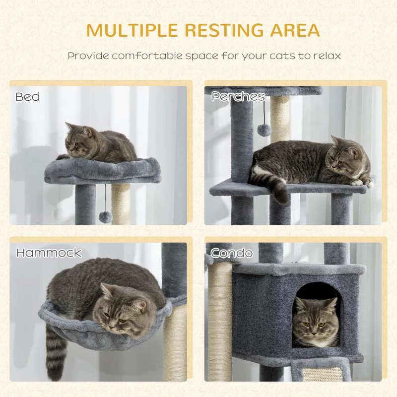 PawHut 50 Inch Cat Tree, Multi-Level Cat Tower with Sisal Scratching Posts and Ramp, Bed, Condo, Hammock, Toy Ball, Grey