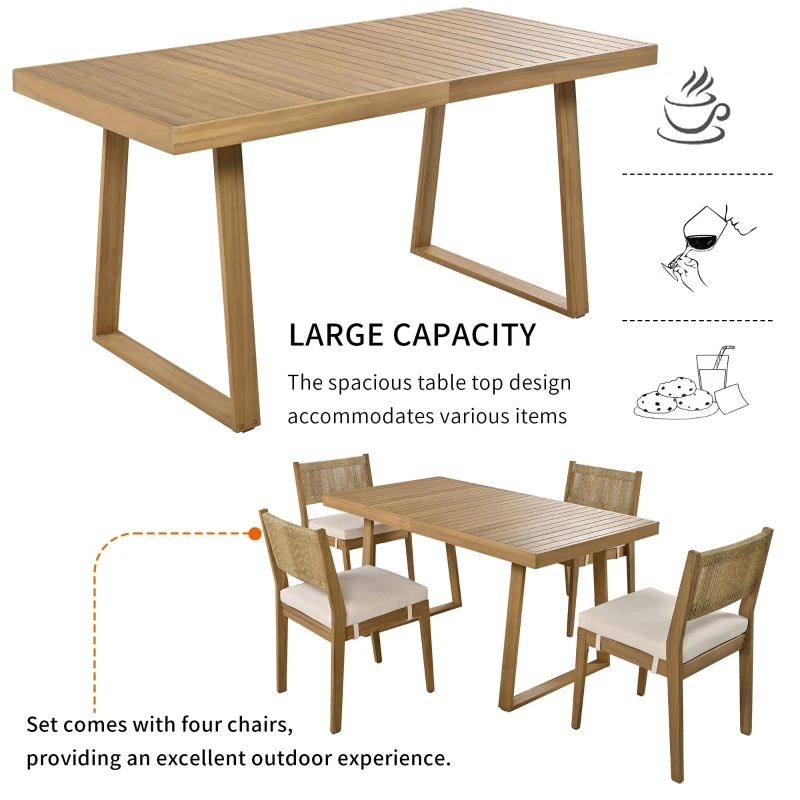 Outdoor Dining Set with HDPE Chair Backs and Foam Cushions, Multi-Person Patio Set for Balcony and Garden, 63'' L x 31.5'' W x 32.5'' H, Beige