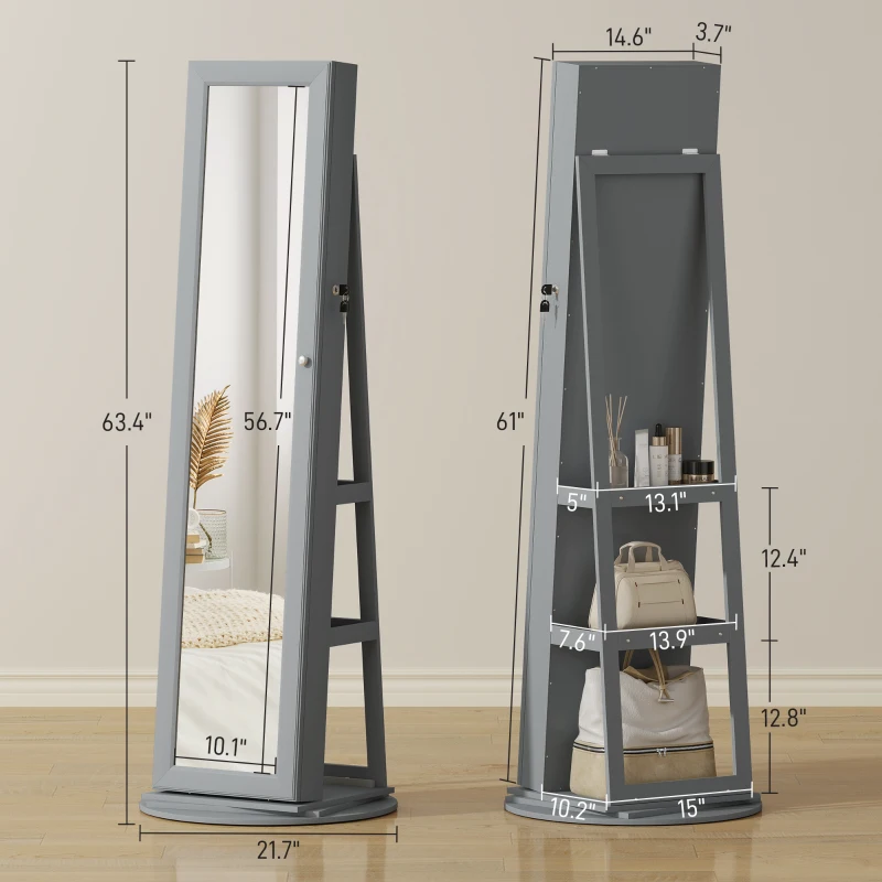 HOMCOM 360° Swivel Jewelry Armoire, Lockable Jewelry Cabinet with Full-Length Mirror, Storage Shelves, Gray