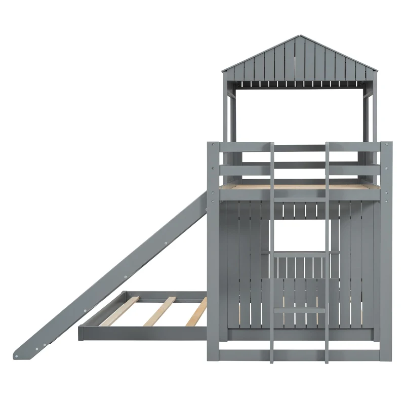 Wooden Twin-Over-Full Bunk Bed with Integrated 3-Step Ladder and Guardrails, Playhouse Loft Bed with Slide, 82'' L x 89'' W x 82.5'' H, Gray