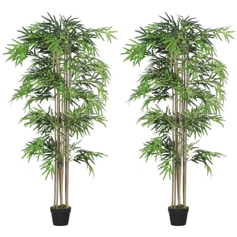 Outsunny 6FT Artificial Bamboo Tree Set of 2, Fake Plant with 1530 Leaves, Greenery Plant in Nursery Pot for Indoor, Green