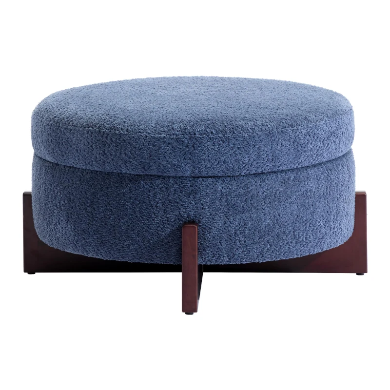 Round Tufted Ottoman with Upholstered Top and Solid Wood Legs, Versatile Coffee Table with Hidden Storage, 32'' L x 32'' W x 18'' H, Blue