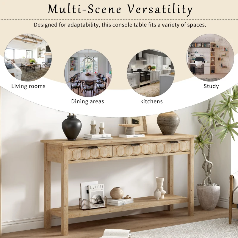 Modern Entryway Table with Bottom Open Shelf and Iron Handles, Multi-Functional Console with Wide Surface, 60'' L x 15.5'' W x 31'' H, Natural