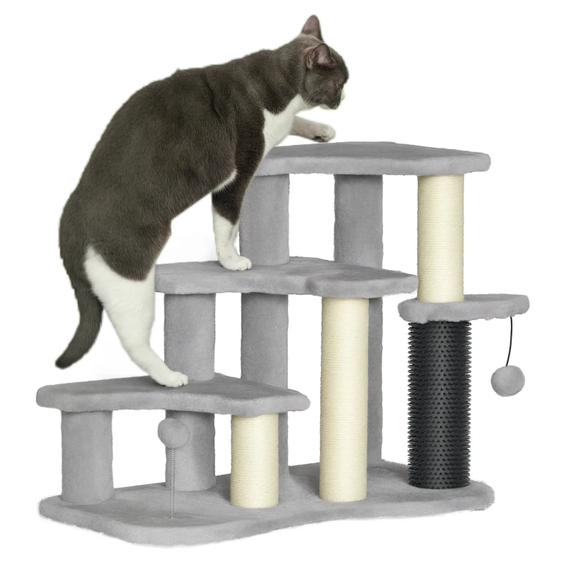 PawHut 2 in 1 Cat Tree Tower 3-Step Pet Stairs with Scratching Posts, Tickling Post, Toy Balls, for High Beds, Couch