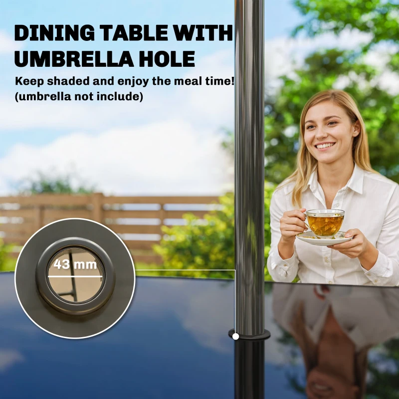 Outsunny Outdoor Dining Table for 6 with Umbrella Hole, Metal Patio Dining Table with Tempered Glass Top