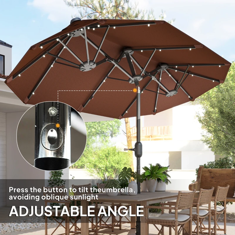 Outsunny Double-sided Outdoor Patio Umbrella with Solar Lights and Base, Dining Table Umbrella Push Button Tilt, Coffee