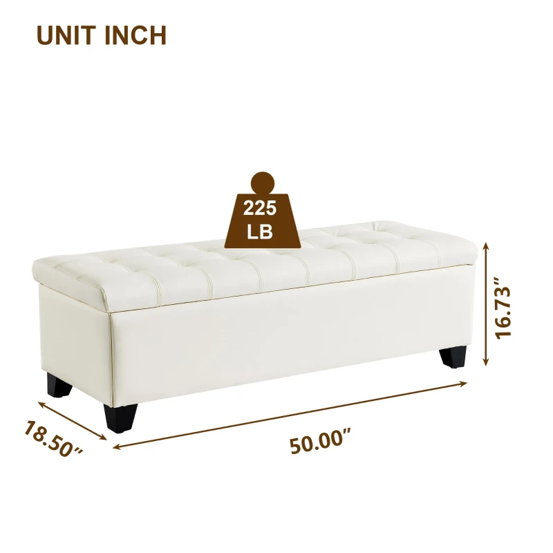 Durable Ottoman Bench with Wooden Frame and Rubberwood Legs, Modern Foam Seat with Internal Storage, 50'' L x 18.5'' W x 16.5'' H, Beige