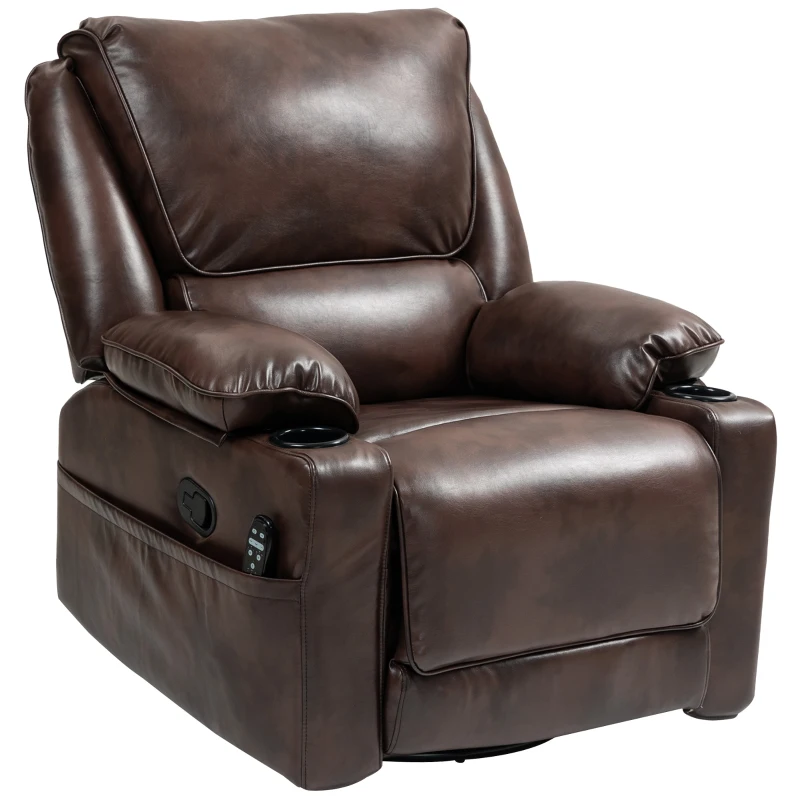 HOMCOM Recliner Massage Armchair with Heat Oversized Swivel Rocker with Footrest Remote and Side Pockets Brown
