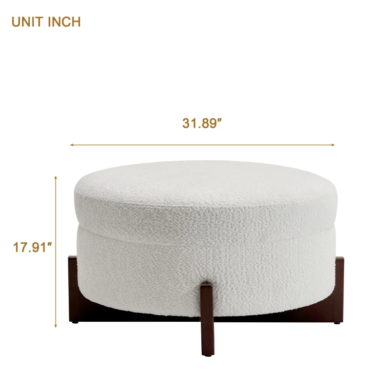 Round Storage Ottoman with Storage and Wood Legs, Versatile Coffee Table with Tufted Upholstered Top, 32'' L x 32'' W x 18'' H, Soft White