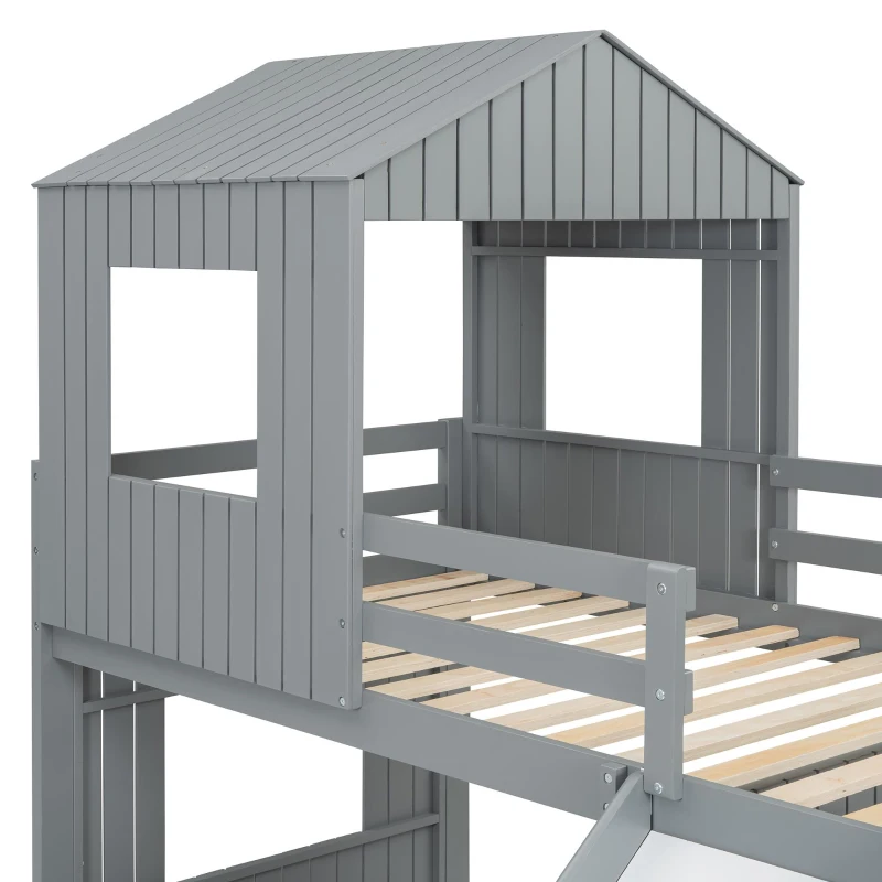Wooden Twin-Over-Full Bunk Bed with Integrated 3-Step Ladder and Guardrails, Playhouse Loft Bed with Slide, 82'' L x 89'' W x 82.5'' H, Gray