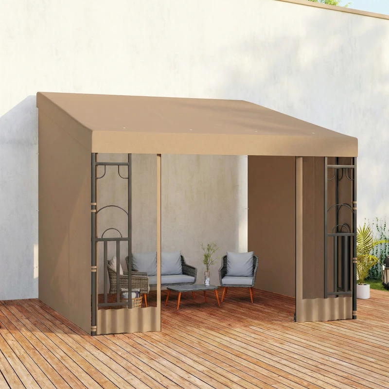 Outsunny 10' x 10' Wall Pergola, Outdoor Gazebo with 2 Curtains and 2 Nettings, UV Resistant, for Patio, Deck, Khaki