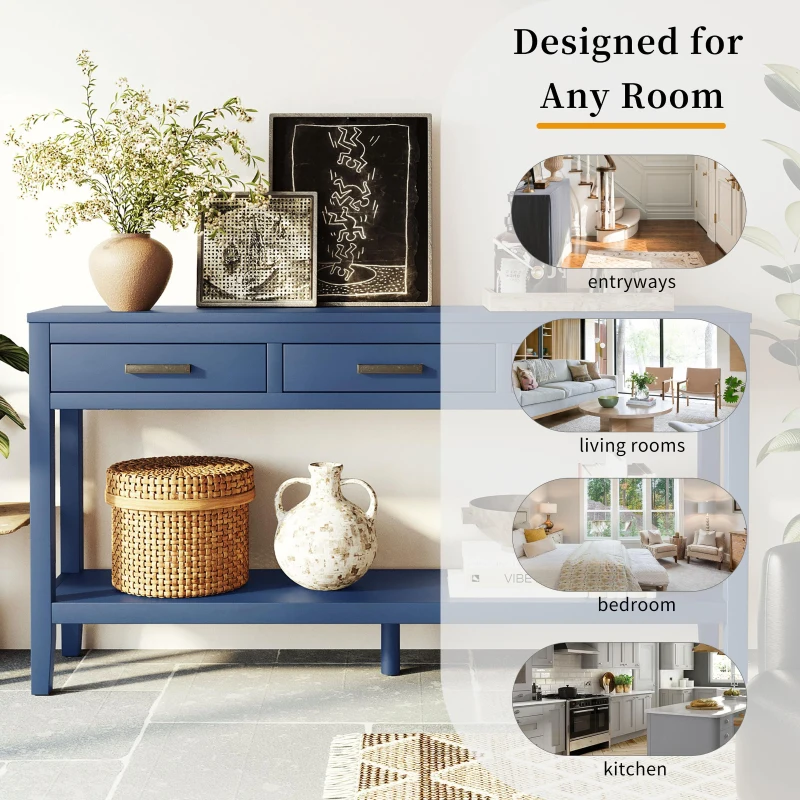 Farmhouse Entryway Table with Wide Top and Open Bottom Shelf, Minimalist Console with Adjustable Feet, 59'' L x 14'' W x 31.5'' H, Navy Blue