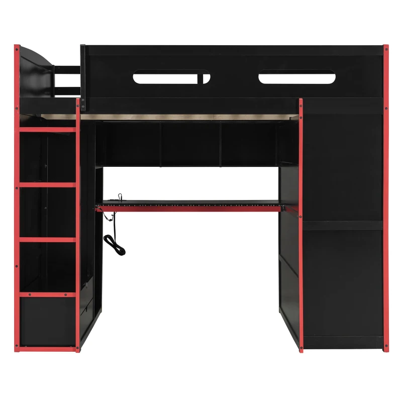 Full Size Wood Loft Bed with Built-In Desk and Gaming Station, Sturdy Bed Frame for Gamers and Multitaskers, 78.5'' L x 56.5'' W x 65'' H, Red